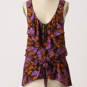 Anthropologie Silk Lightning Tunic By Lil Floral Ruffled Sleeveless Blouse, 10